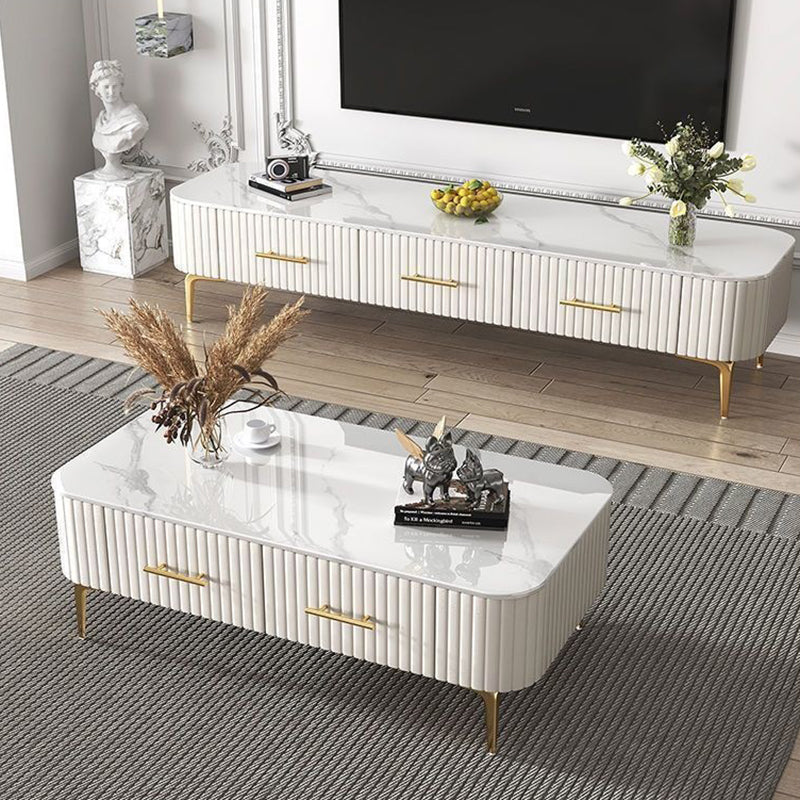 Scandinavian Slab Leather 2-Drawer Coffee Table — White / White