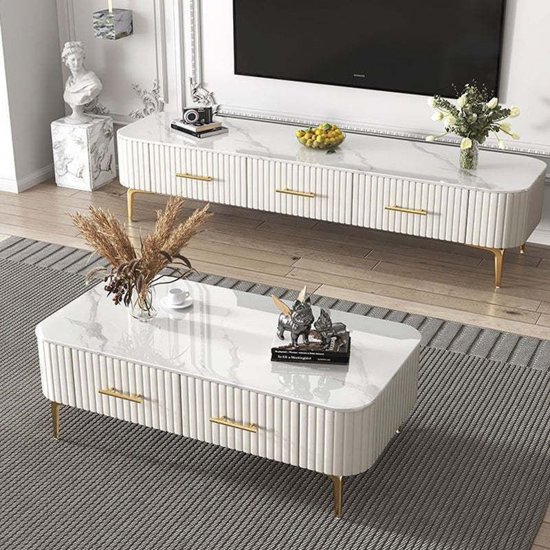 Scandinavian Slab Leather 2-Drawer Coffee Table — White / White