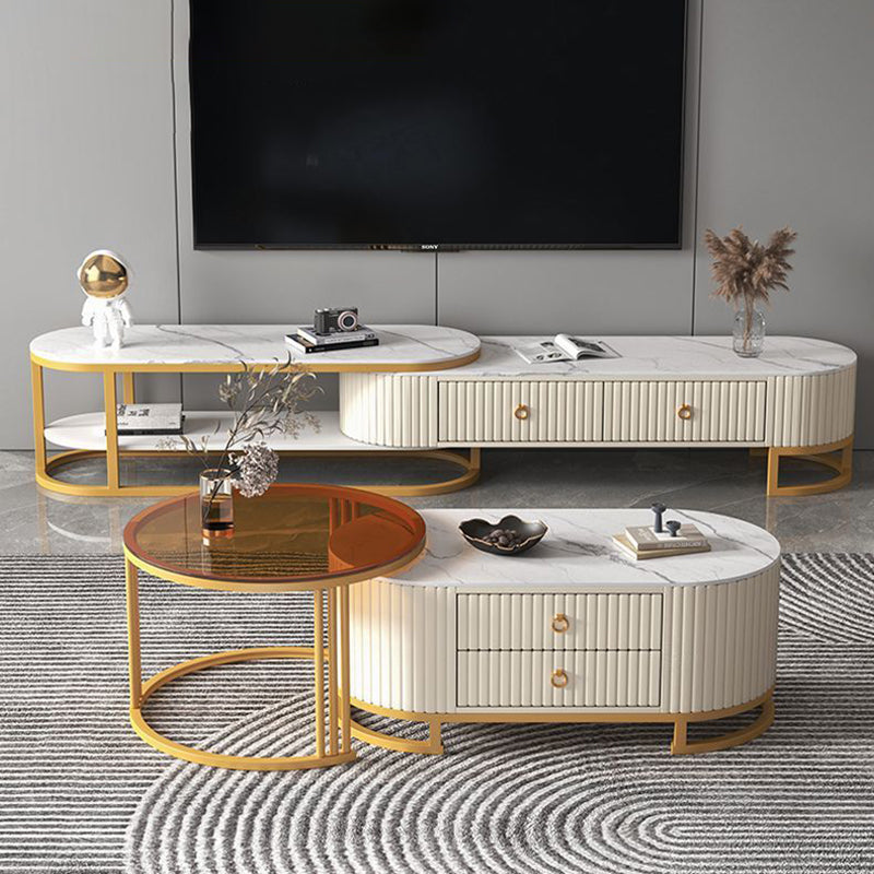 Minimalist Glass Oval 2-Drawer Coffee Table Set