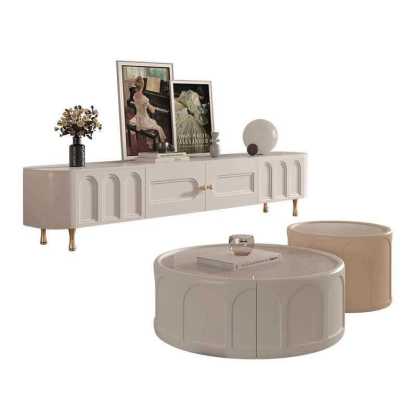 French Engineered Wood Round Coffee Table with Drawer