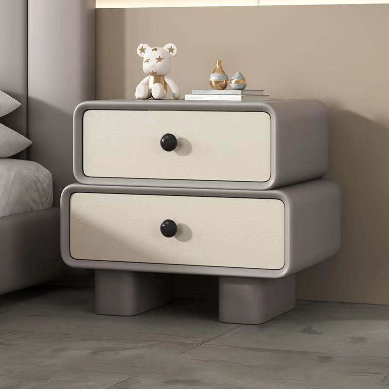 Modern Wood Microfiber Leather 2-Drawer Rounded Nightstand — Coffee Color + Beige