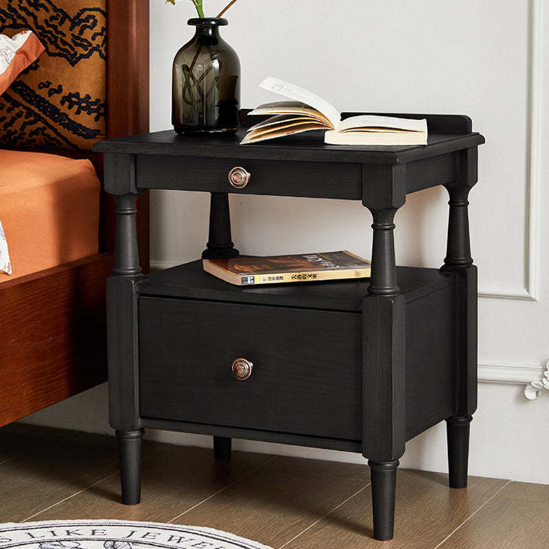 Retro Ash Pine Wood 2-Drawer Nightstand — Walnut Color