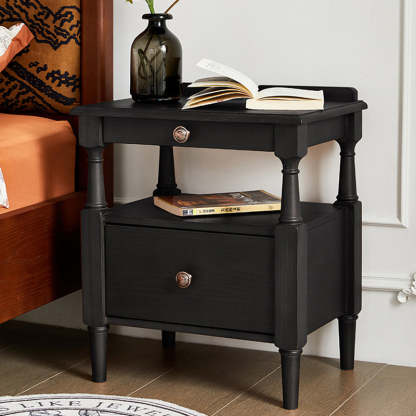 Retro Ash Pine Wood 2-Drawer Nightstand — Walnut Color