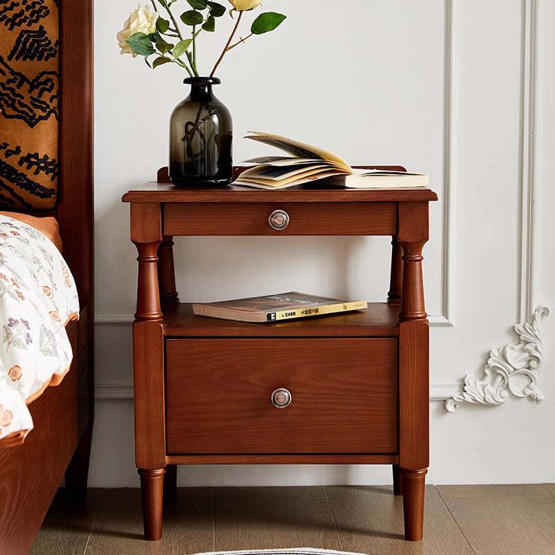 Retro Ash Pine Wood 2-Drawer Nightstand — Black
