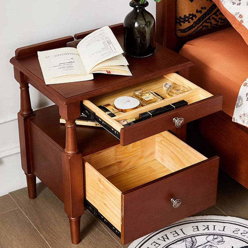 Retro Ash Pine Wood 2-Drawer Nightstand — Walnut Color