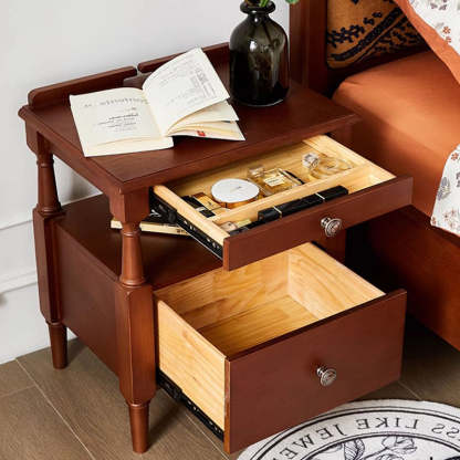 Retro Ash Pine Wood 2-Drawer Nightstand — Walnut Color