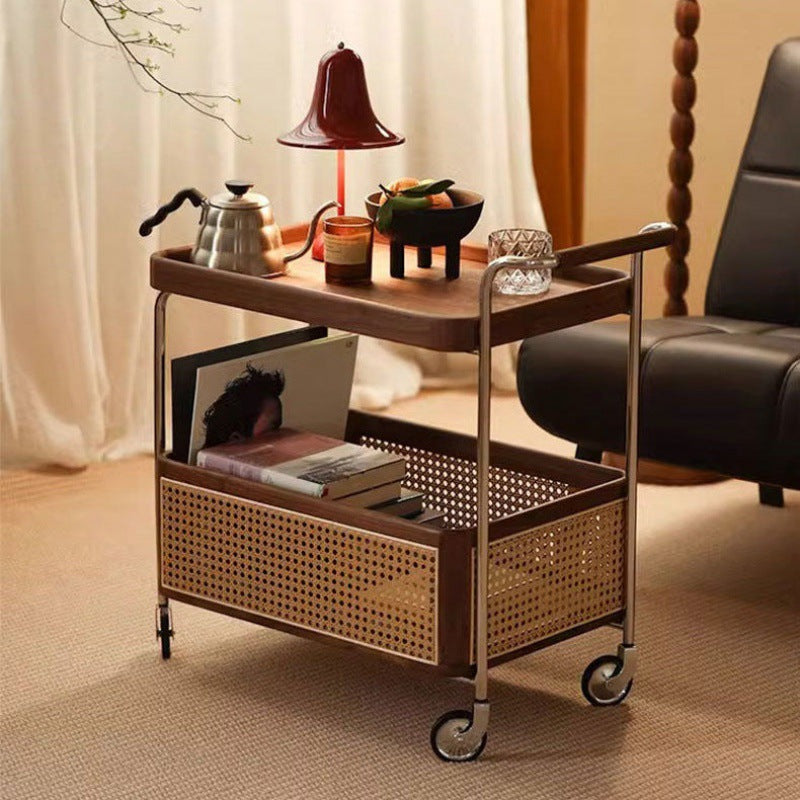 Retro Rattan 2-Tier Movable End Table — Walnut