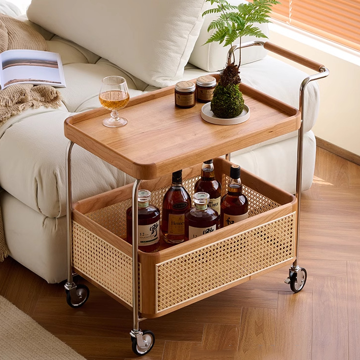 Retro Rattan 2-Tier Movable End Table — Black