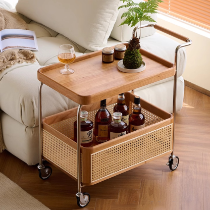 Retro Rattan 2-Tier Movable End Table — Black