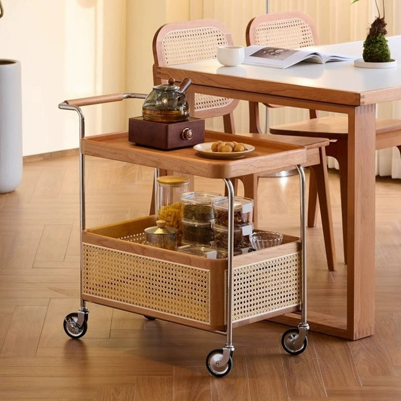 Retro Rattan 2-Tier Movable End Table — Cherry Wood Color