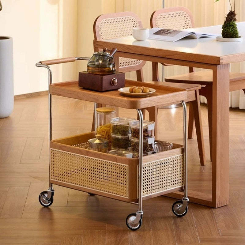 Retro Rattan 2-Tier Movable End Table — Cherry Wood Color