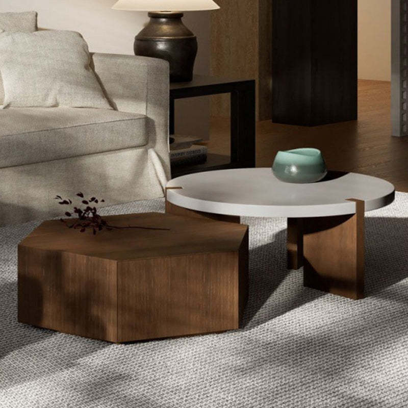 Minimalist Wood Hexagon 2-Drawer Coffee Table — Round