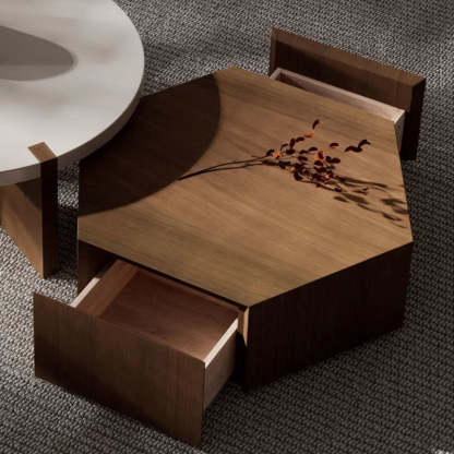 Minimalist Wood Hexagon 2-Drawer Coffee Table