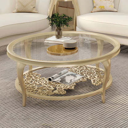 European Glass Openwork Carved 2-Tier Coffee Table