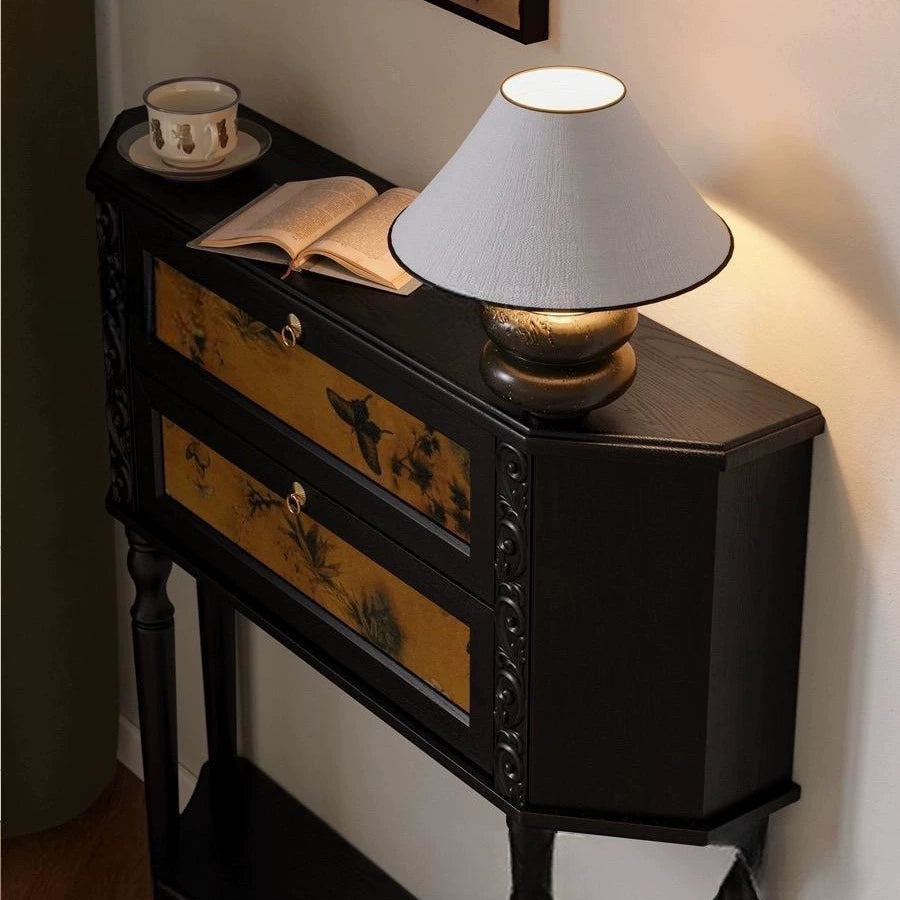 French Ash Wood Muslin Carved 2-Cabinet Side Table