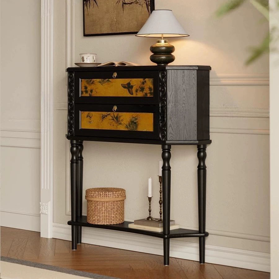 French Ash Wood Muslin Carved 2-Cabinet Side Table