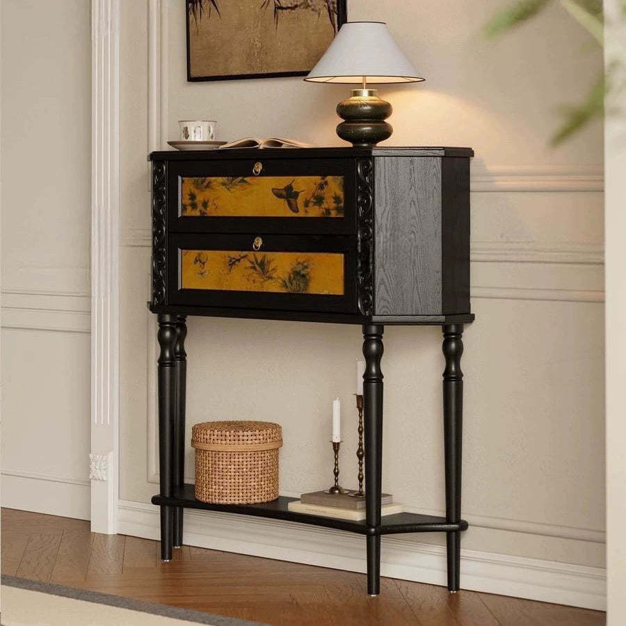 French Ash Wood Muslin Carved 2-Cabinet Side Table