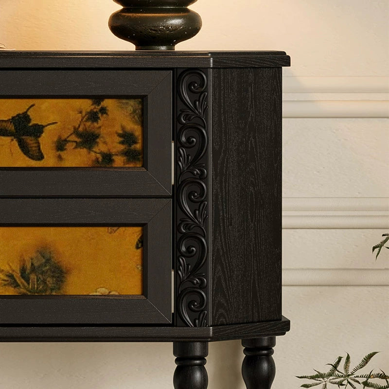 French Ash Wood Muslin Carved 2-Cabinet Side Table