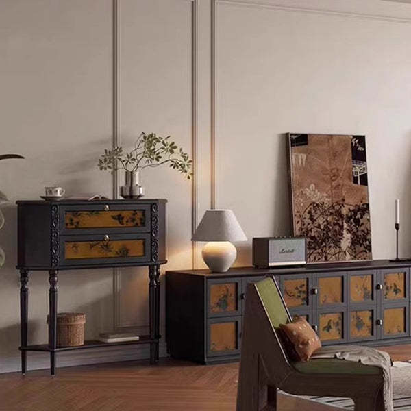 French Ash Wood Muslin Carved 2-Cabinet Side Table