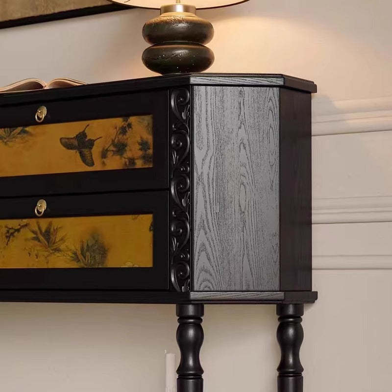 French Ash Wood Muslin Carved 2-Cabinet Side Table