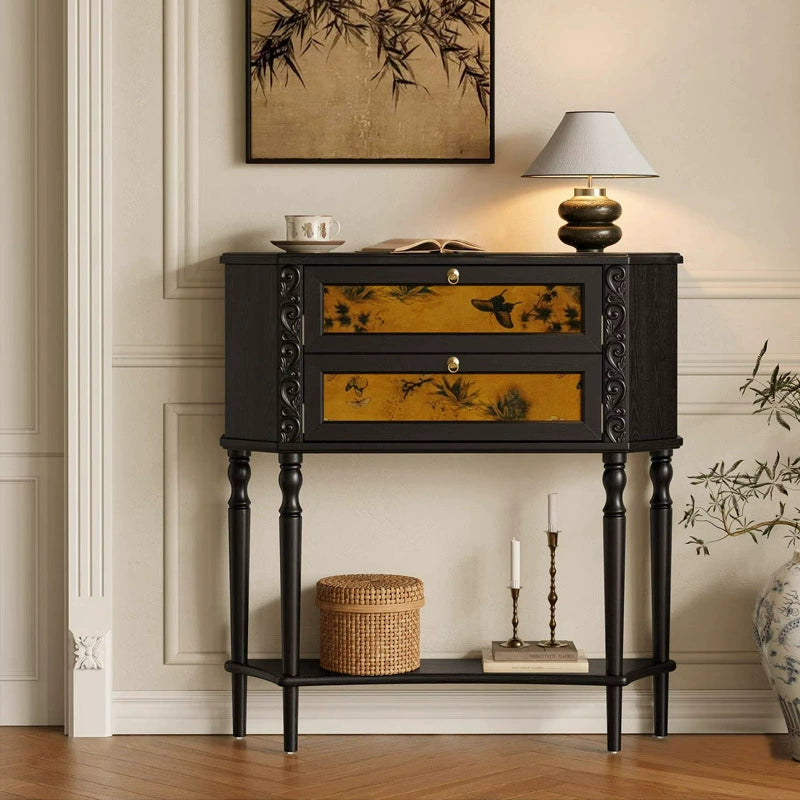 French Ash Wood Muslin Carved 2-Cabinet Side Table — Black