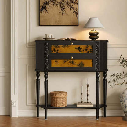 French Ash Wood Muslin Carved 2-Cabinet Side Table — Black
