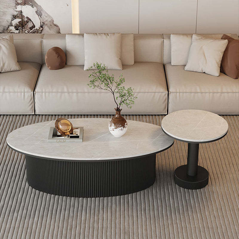 Scandinavian Slab Iron Oval Coffee Table Set — Round + Medium Oval Table / Gray