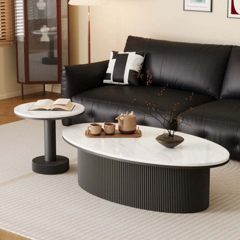 Scandinavian Slab Iron Oval Coffee Table Set — Round / Black