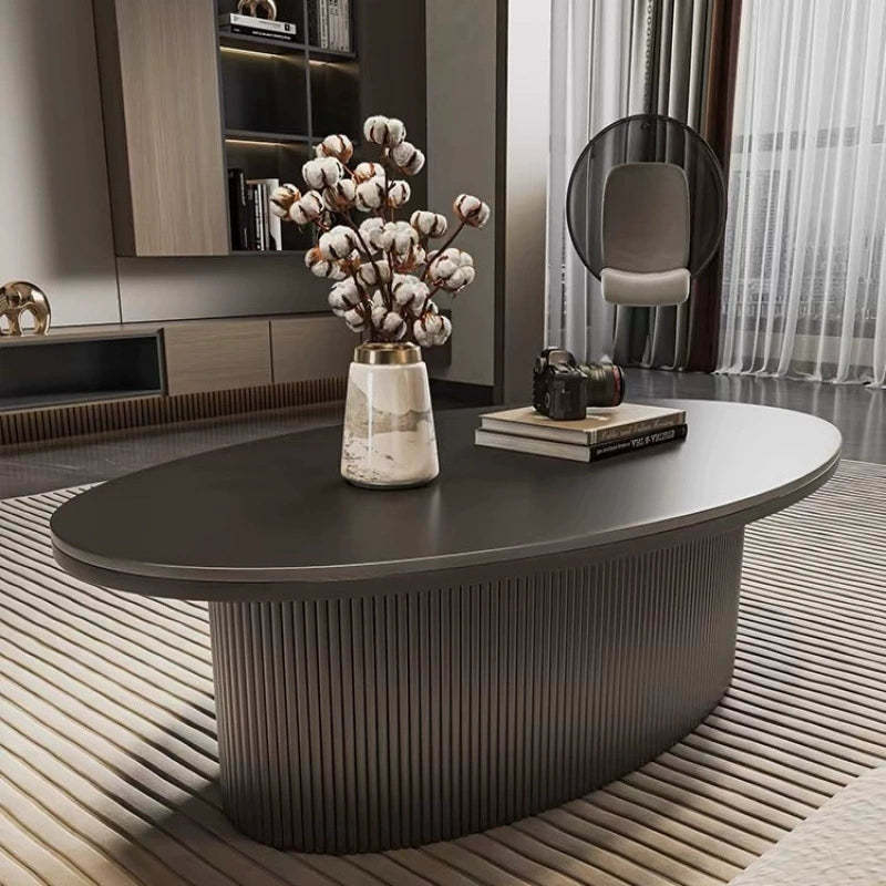 Scandinavian Slab Iron Oval Coffee Table Set — Round + Large Oval Table / Black
