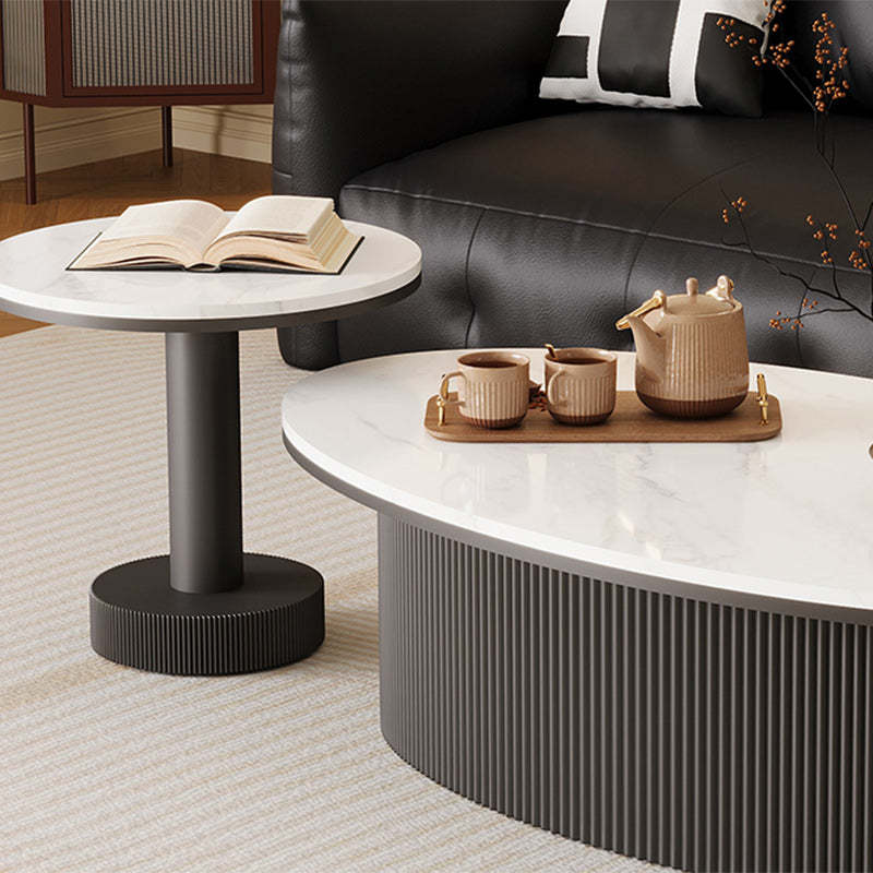 Scandinavian Slab Iron Oval Coffee Table Set — Round + Small Oval Table / Black