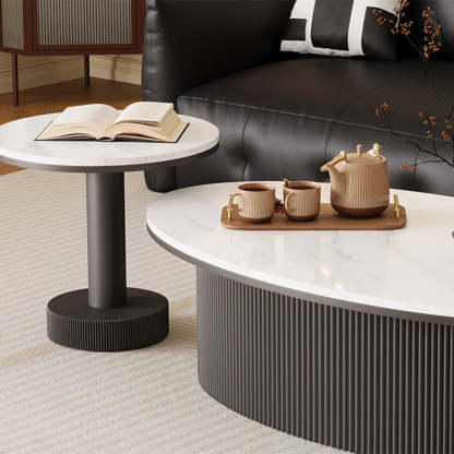 Scandinavian Slab Iron Oval Coffee Table Set — Round + Small Oval Table / Black
