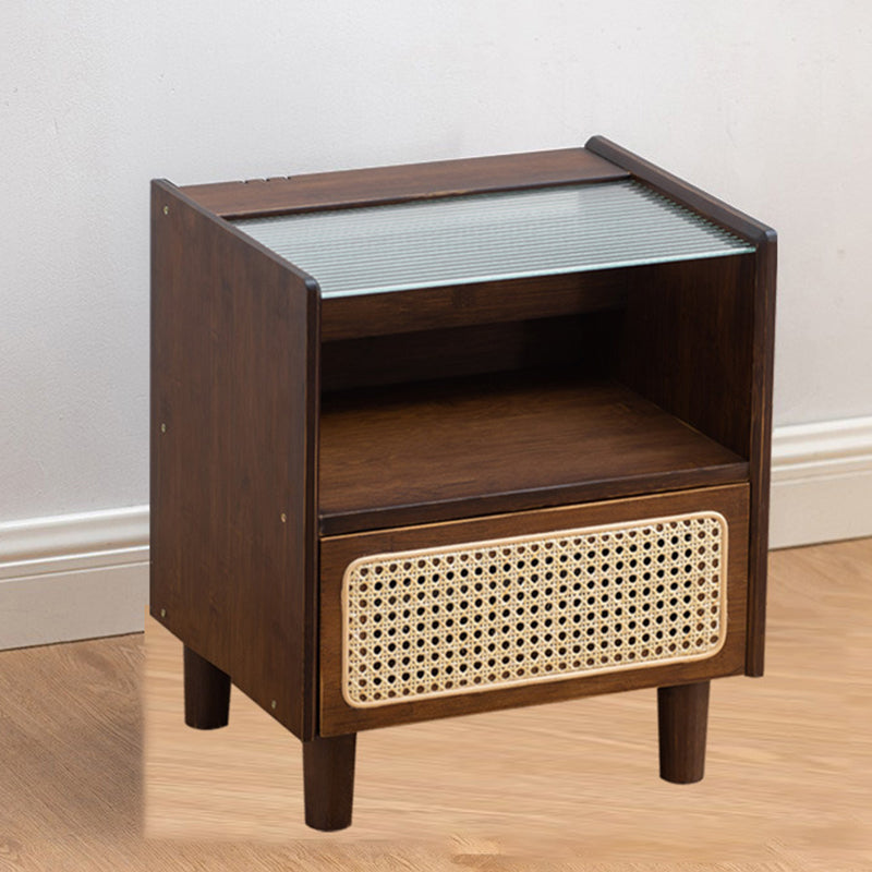 Japanese Rattan Glass Wood 1-Drawer Nightstand — Walnut