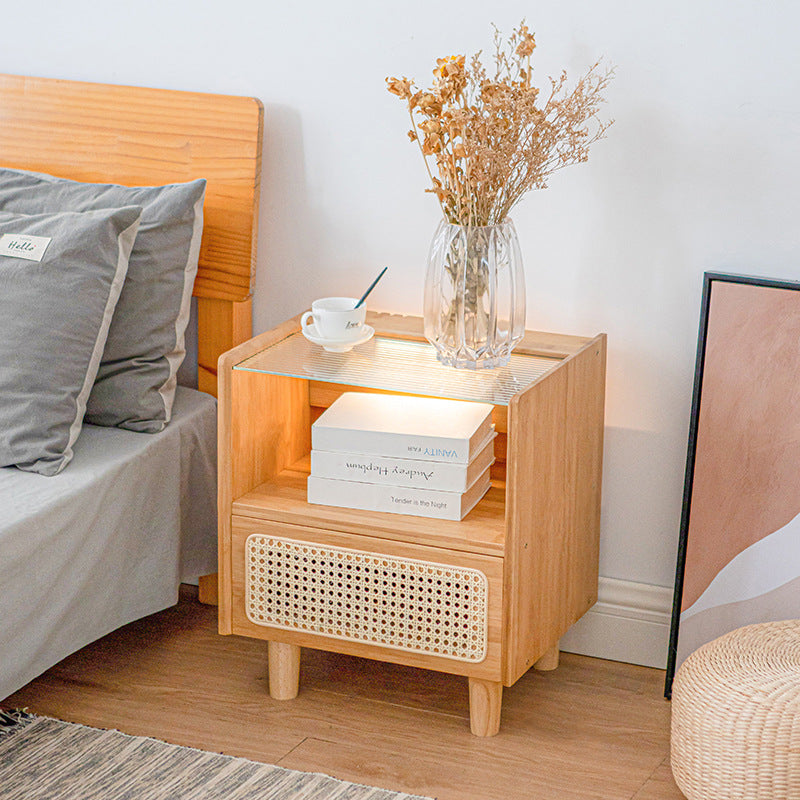 Japanese Rattan Glass Wood 1-Drawer Nightstand