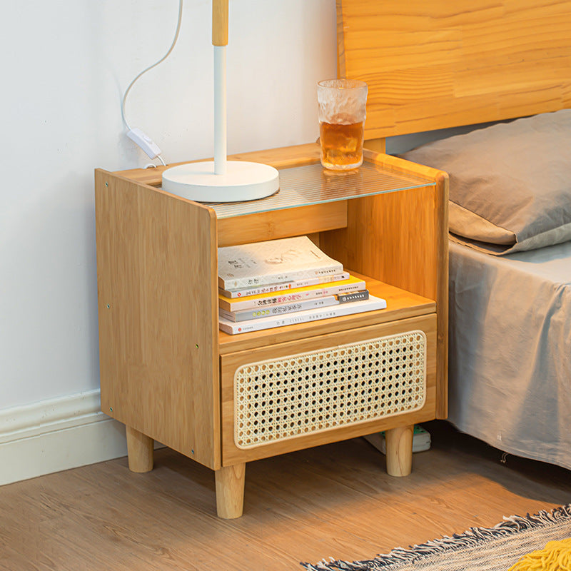 Japanese Rattan Glass Wood 1-Drawer Nightstand