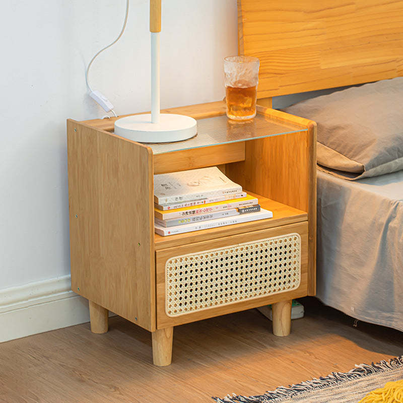 Japanese Rattan Glass Wood 1-Drawer Nightstand