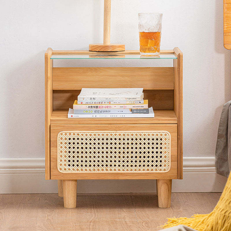 Japanese Rattan Glass Wood 1-Drawer Nightstand