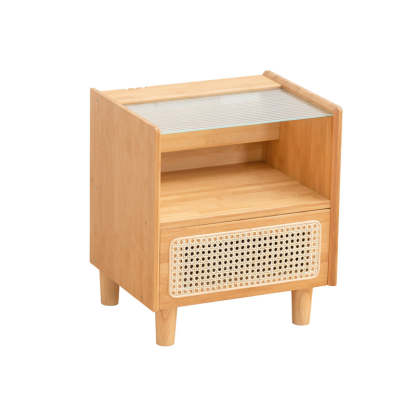 Japanese Rattan Glass Wood 1-Drawer Nightstand