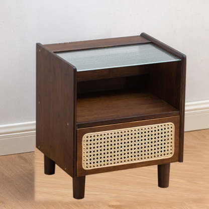 Japanese Rattan Glass Wood 1-Drawer Nightstand — Walnut
