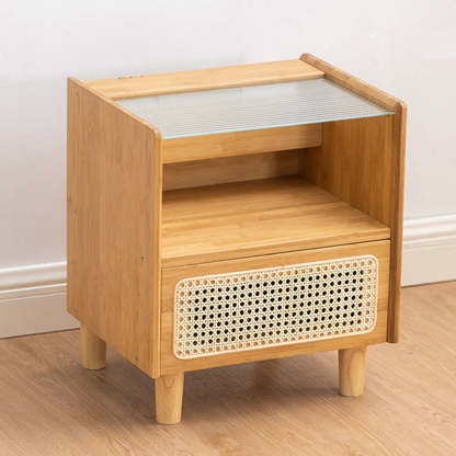 Japanese Rattan Glass Wood 1-Drawer Nightstand