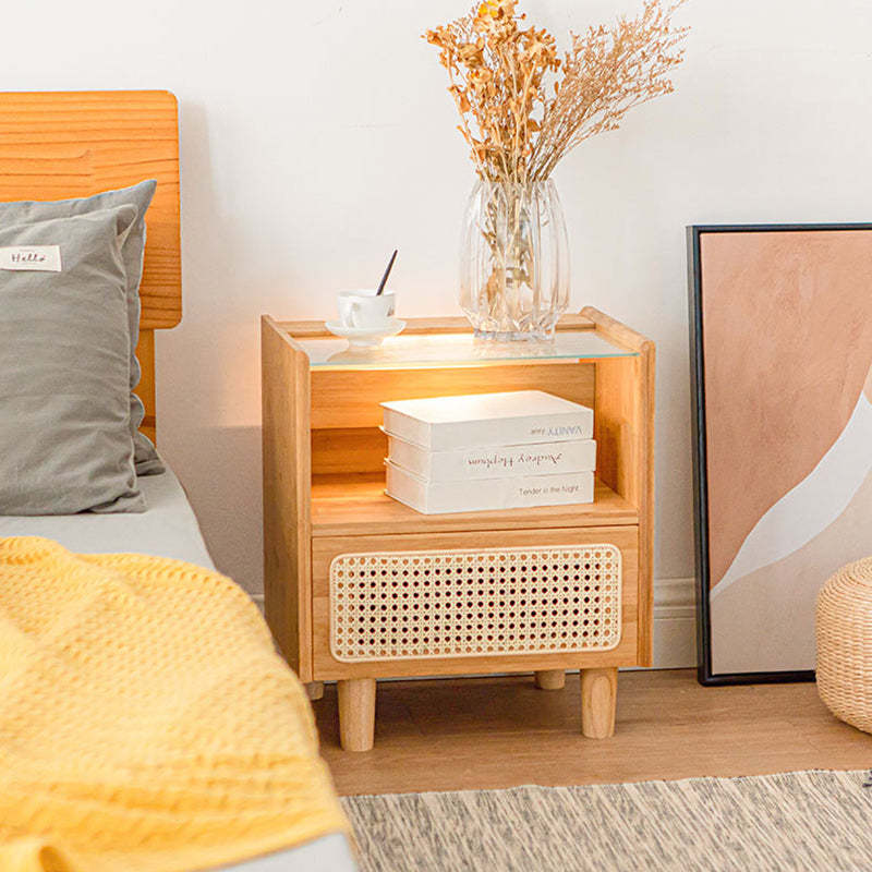 Japanese Rattan Glass Wood 1-Drawer Nightstand — Wood