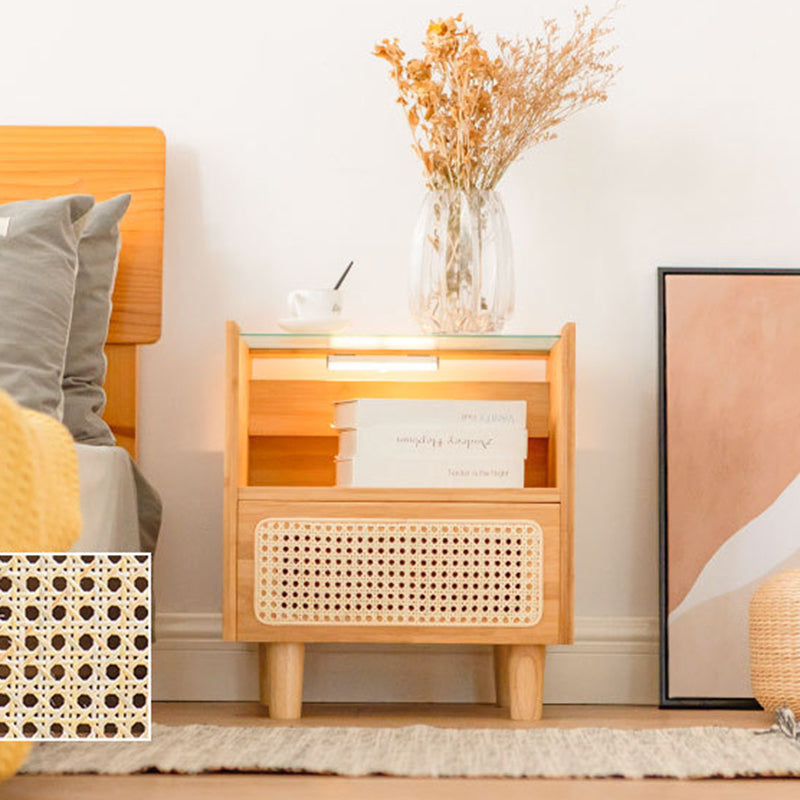 Japanese Rattan Glass Wood 1-Drawer Nightstand