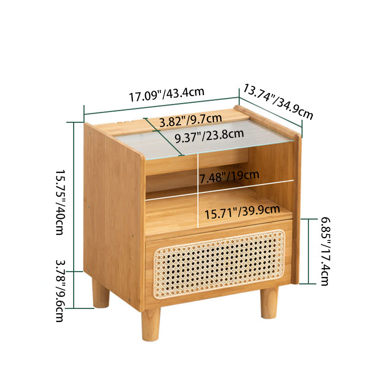 Japanese Rattan Glass Wood 1-Drawer Nightstand