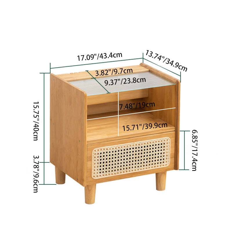 Japanese Rattan Glass Wood 1-Drawer Nightstand