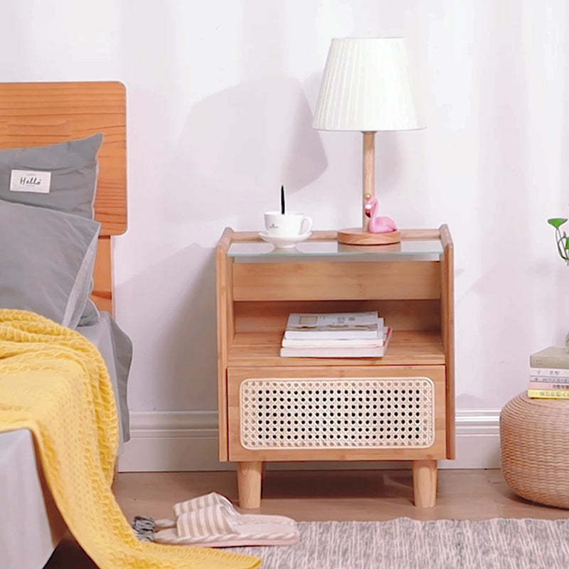 Japanese Rattan Glass Wood 1-Drawer Nightstand
