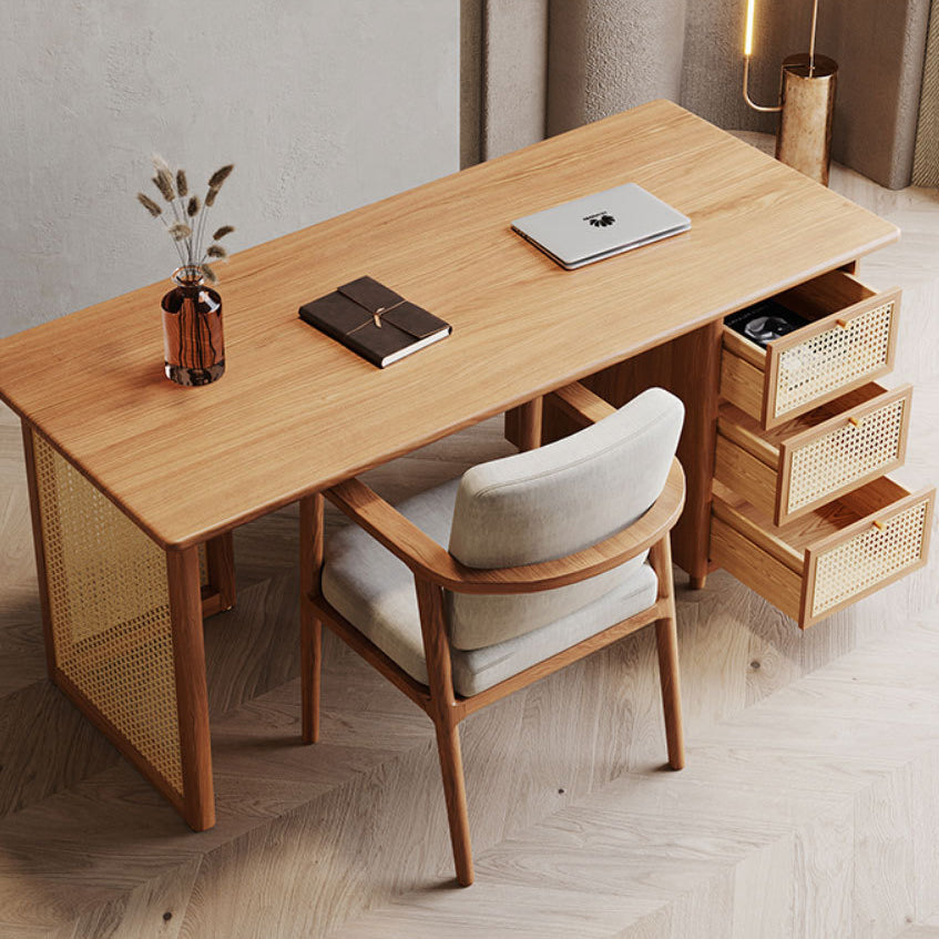 Japanese Woven Rattan Wood Desk 3-Drawer