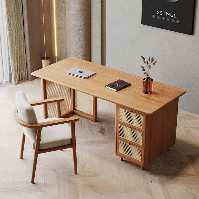 Japanese Woven Rattan Wood Desk 3-Drawer