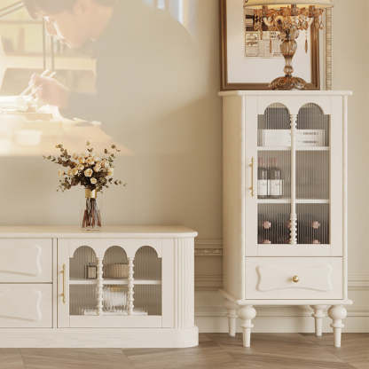 French Oak Striped Glass Arched-Door 2/3-Tier Side Table — White
