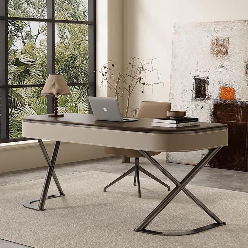Minimalist Saddle Leather Wood X-Leg 2-Drawer Oval Desk