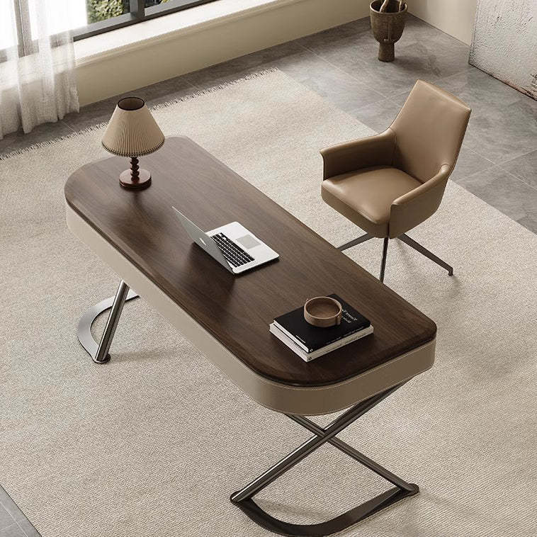 Minimalist Saddle Leather Wood X-Leg 2-Drawer Oval Desk