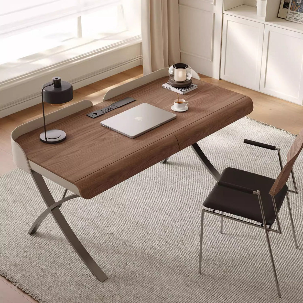 Transitional Saddle Leather Wood X-Leg Rectangular Desk